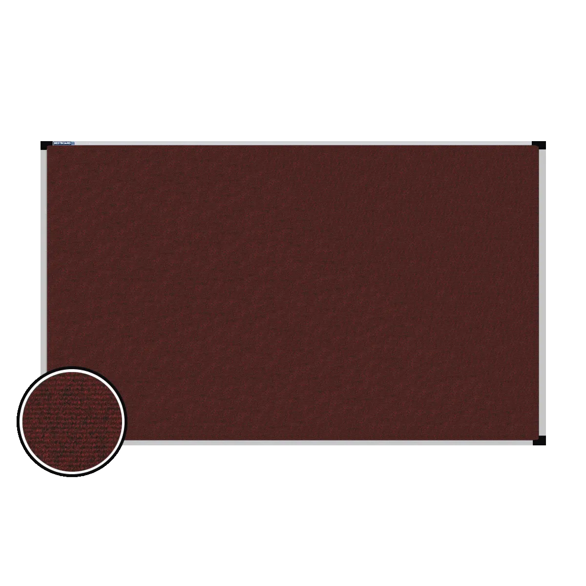This image shows a rectangular carpet pin board with a silver frame. The corners of the frame are reinforced with black plastic. A close-up inset in the bottom-left corner highlights the detailed woven texture of the material