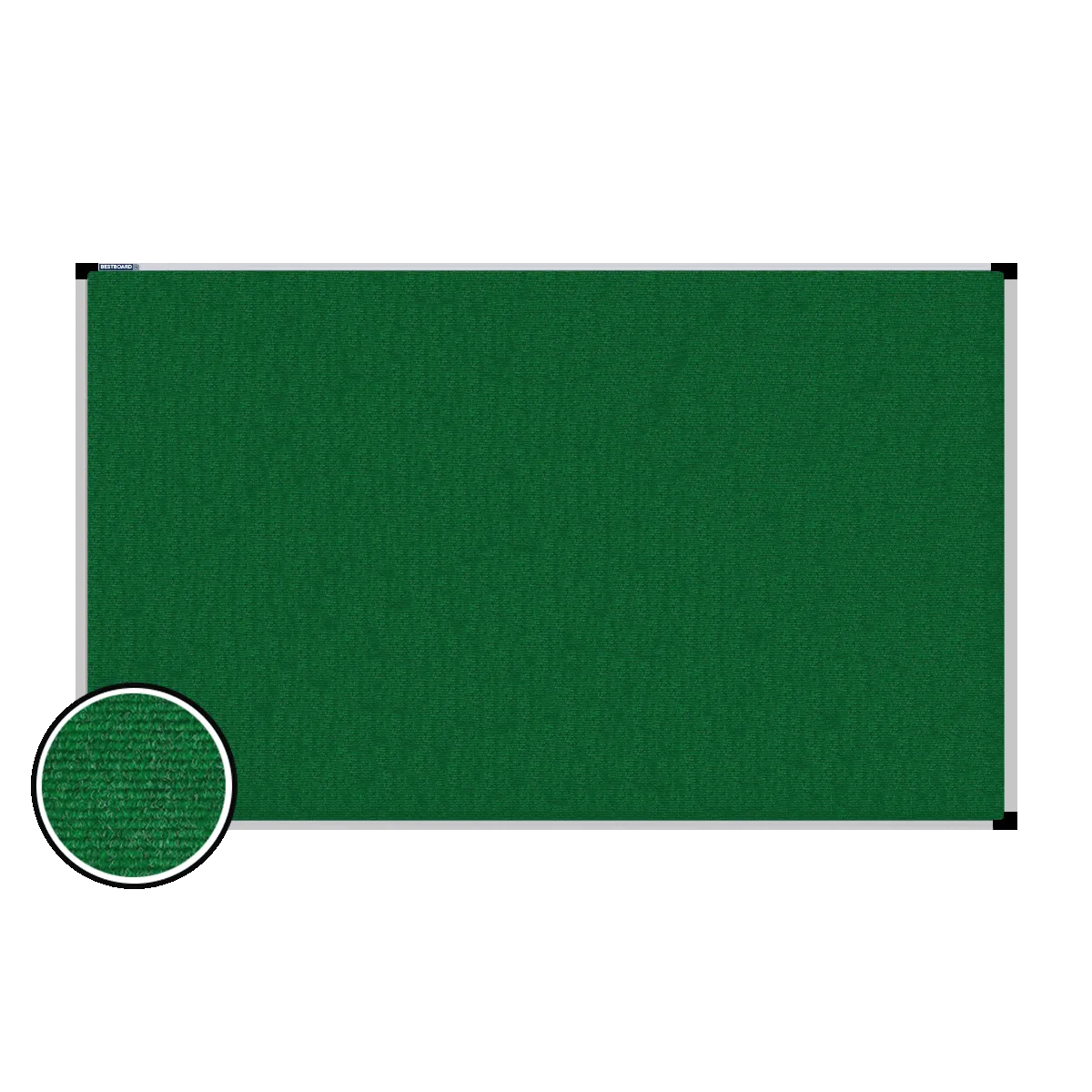 This image shows a rectangular carpet pin board with a silver frame. The corners of the frame are reinforced with black plastic. A close-up inset in the bottom-left corner highlights the detailed woven texture of the material