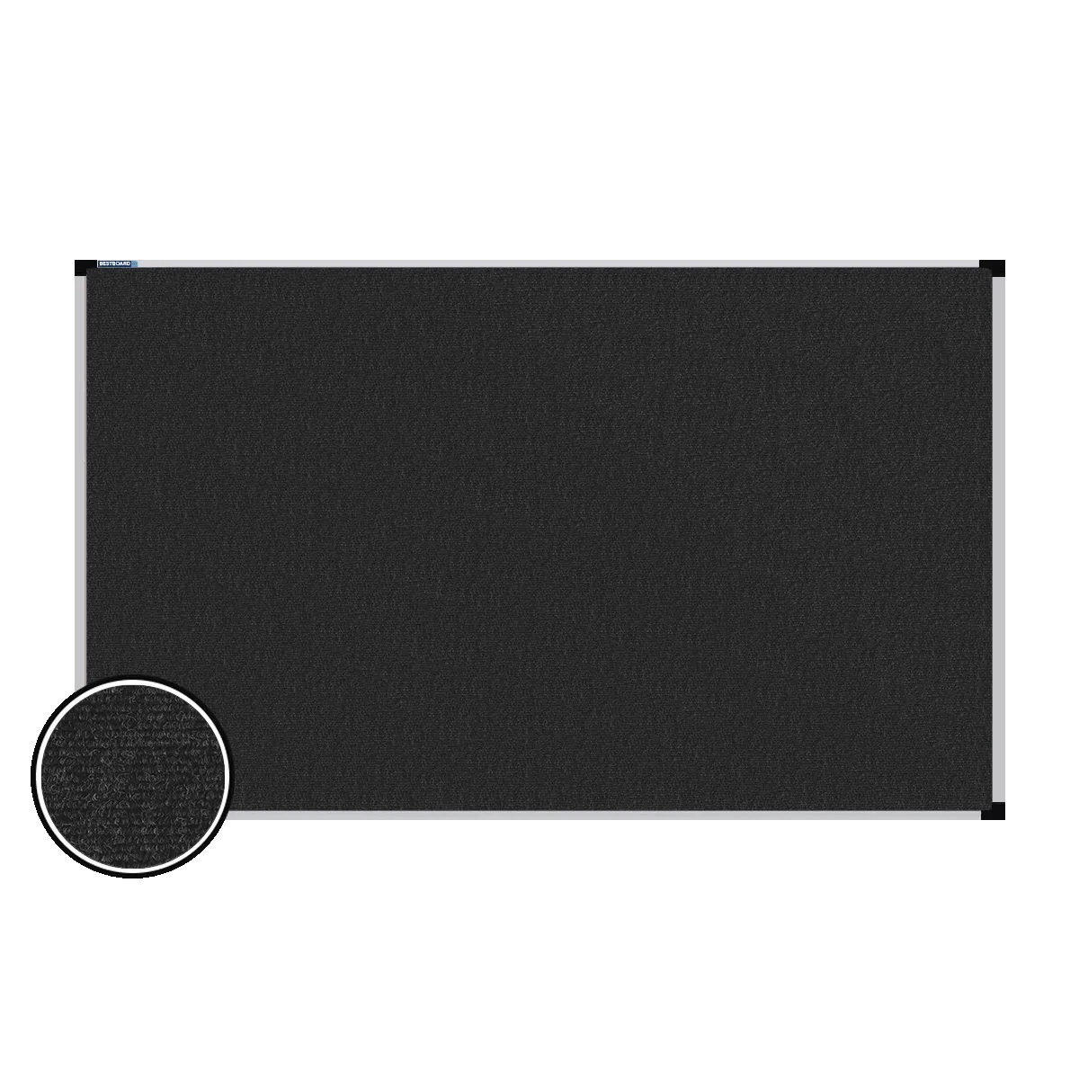This image shows a rectangular carpet pin board  with a silver frame. The corners of the frame are reinforced with black plastic. A close-up inset in the bottom-left corner highlights the detailed woven texture of the material