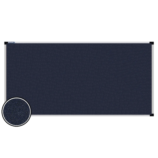 This image shows a rectangular carpet pin board  with a silver frame. The corners of the frame are reinforced with black plastic. A close-up inset in the bottom-left corner highlights the detailed woven texture of the material