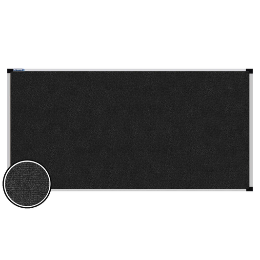This image shows a rectangular carpet pin board  with a silver frame. The corners of the frame are reinforced with black plastic. A close-up inset in the bottom-left corner highlights the detailed woven texture of the material