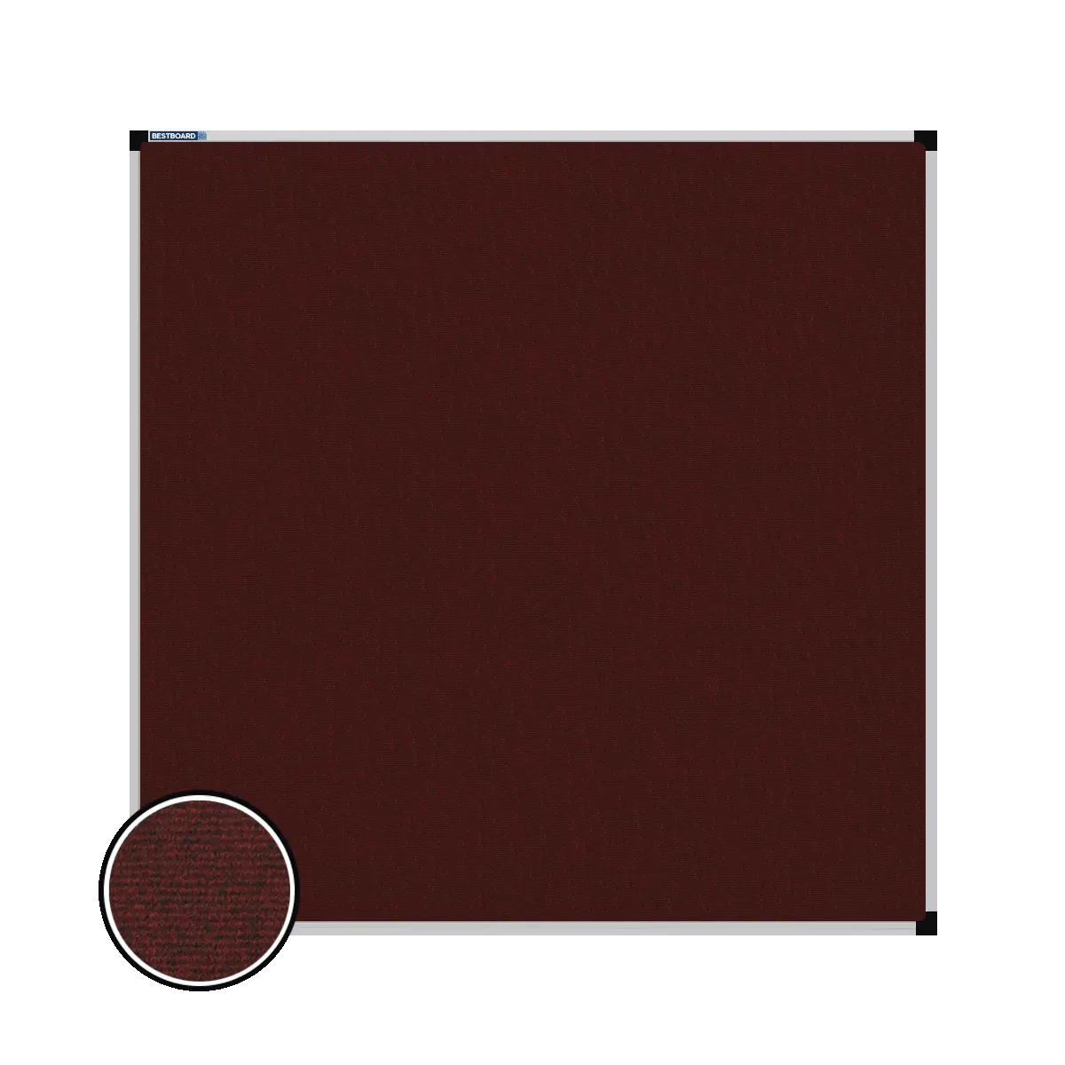 This image shows a square carpet pin board with a silver frame. The corners of the frame are reinforced with black plastic. A close-up inset in the bottom-left corner highlights the detailed woven texture of the material