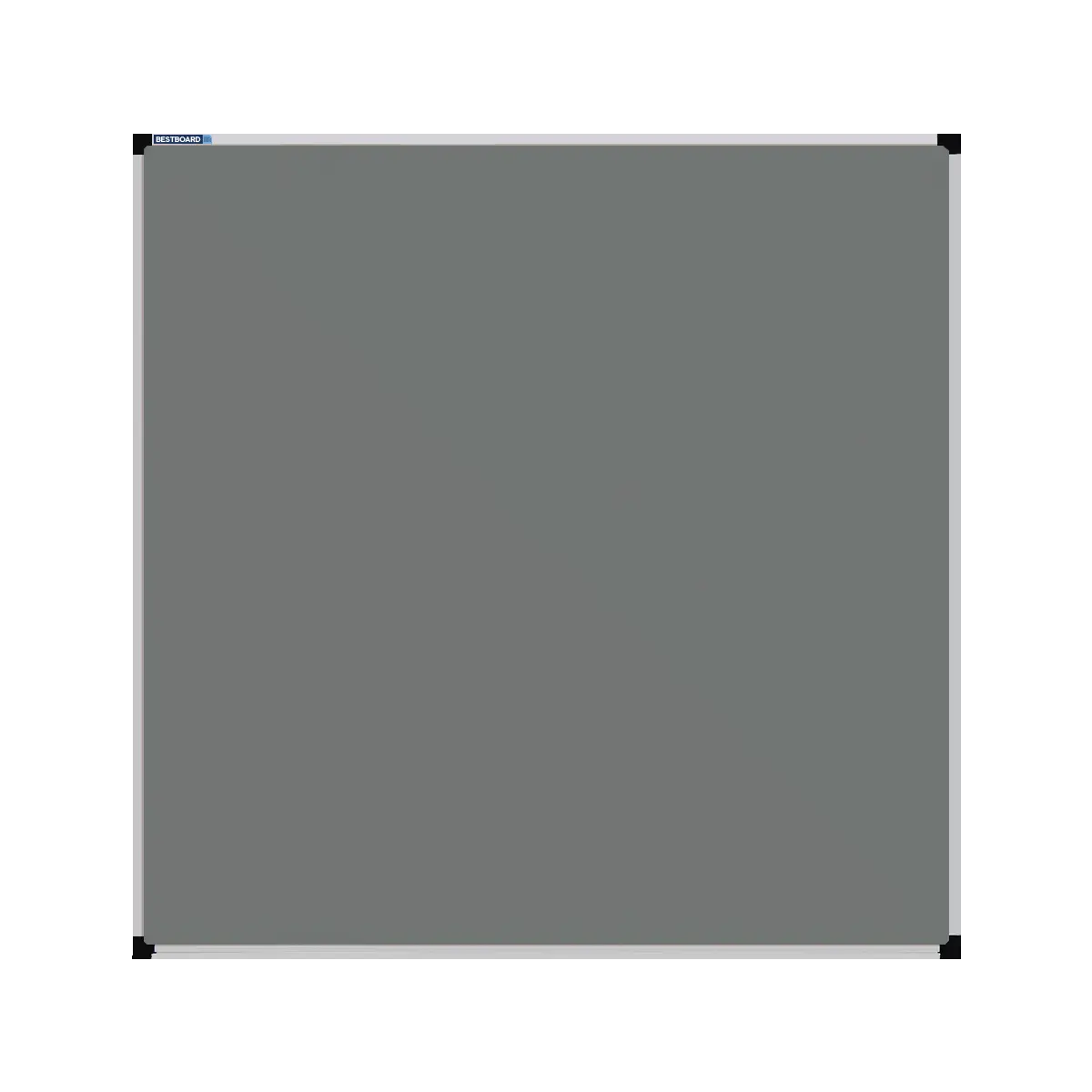 This image shows a Grey square Felt board with a silver frame. The corners of the frame are reinforced with black plastic.