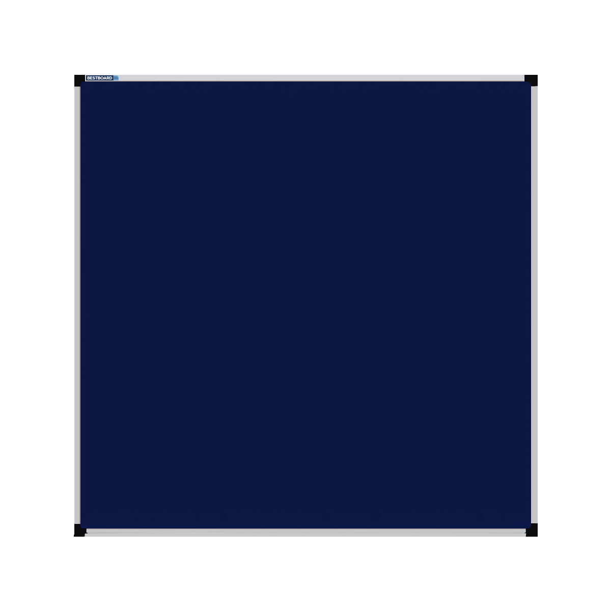 This image shows a Navy Blue square Felt board with a silver frame. The corners of the frame are reinforced with black plastic.