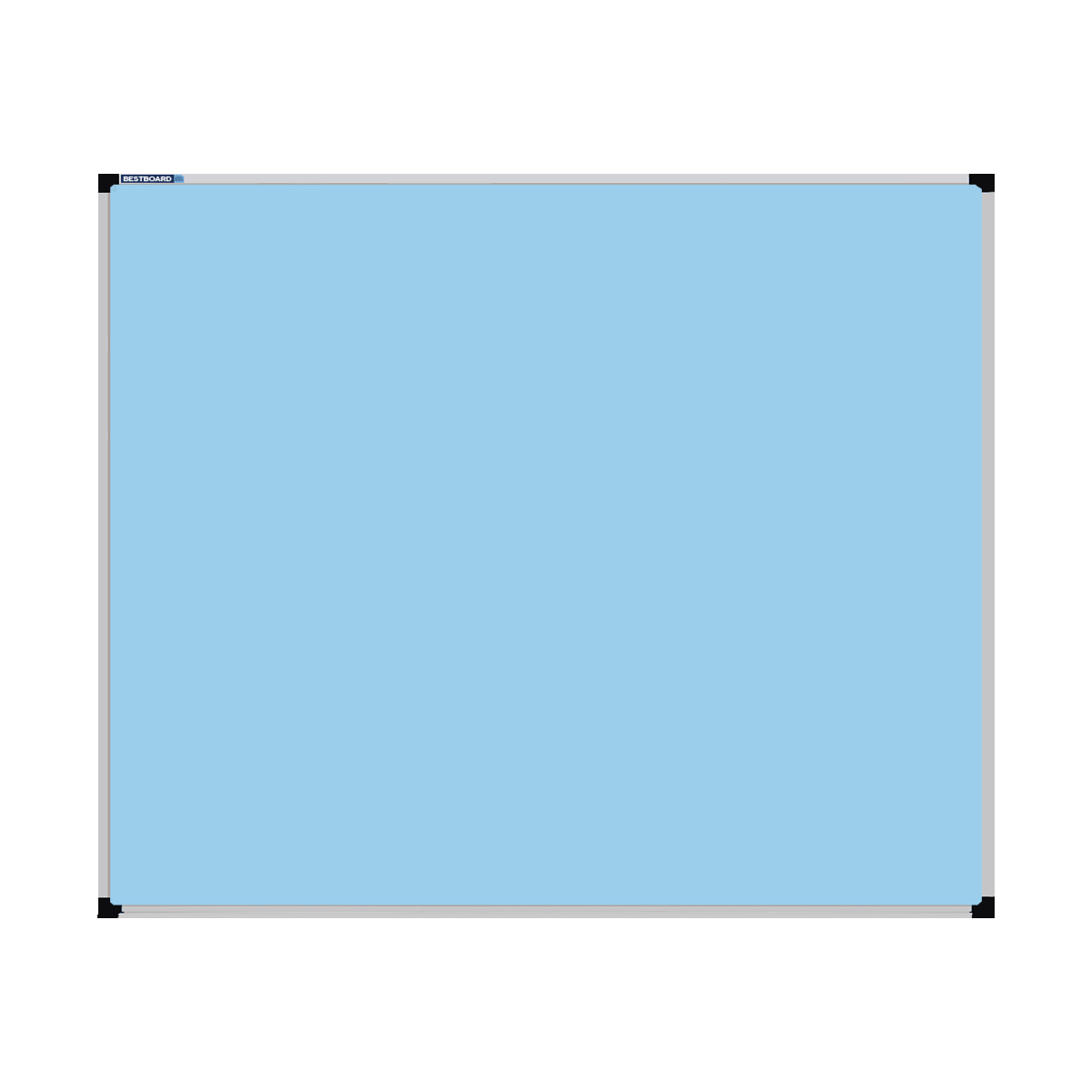This image shows a Baby Blue rectangular Felt board with a silver frame. The corners of the frame are reinforced with black plastic.
