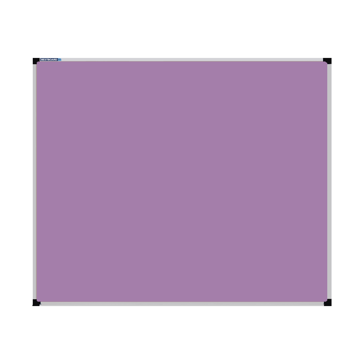 This image shows a lilac rectangular Felt board with a silver frame. The corners of the frame are reinforced with black plastic.
