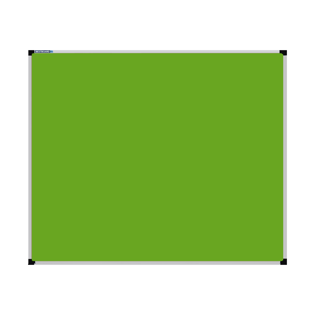 This image shows a Lime Green rectangular Felt board with a silver frame. The corners of the frame are reinforced with black plastic.