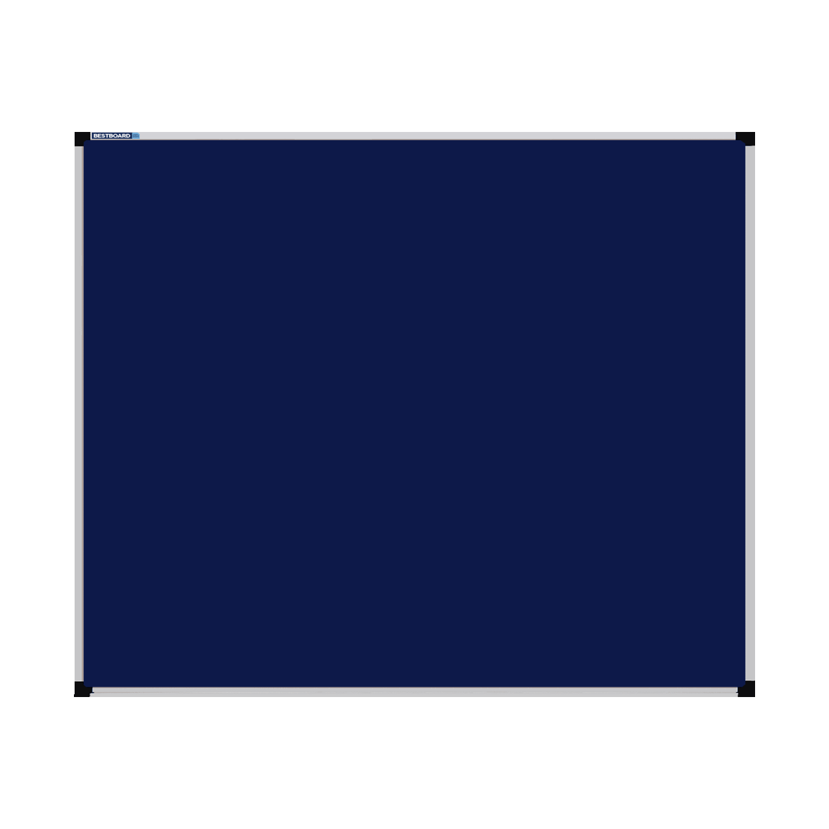 This image shows a Navy Blue rectangular Felt board with a silver frame. The corners of the frame are reinforced with black plastic.