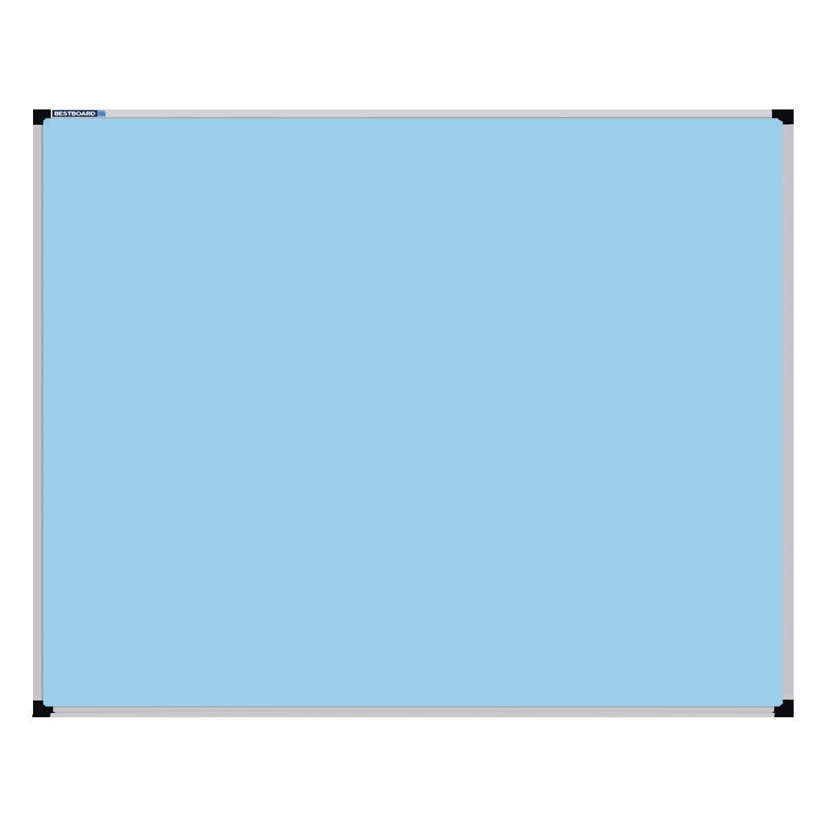 This image shows a Baby Blue rectangular Felt board with a silver frame. The corners of the frame are reinforced with black plastic.
