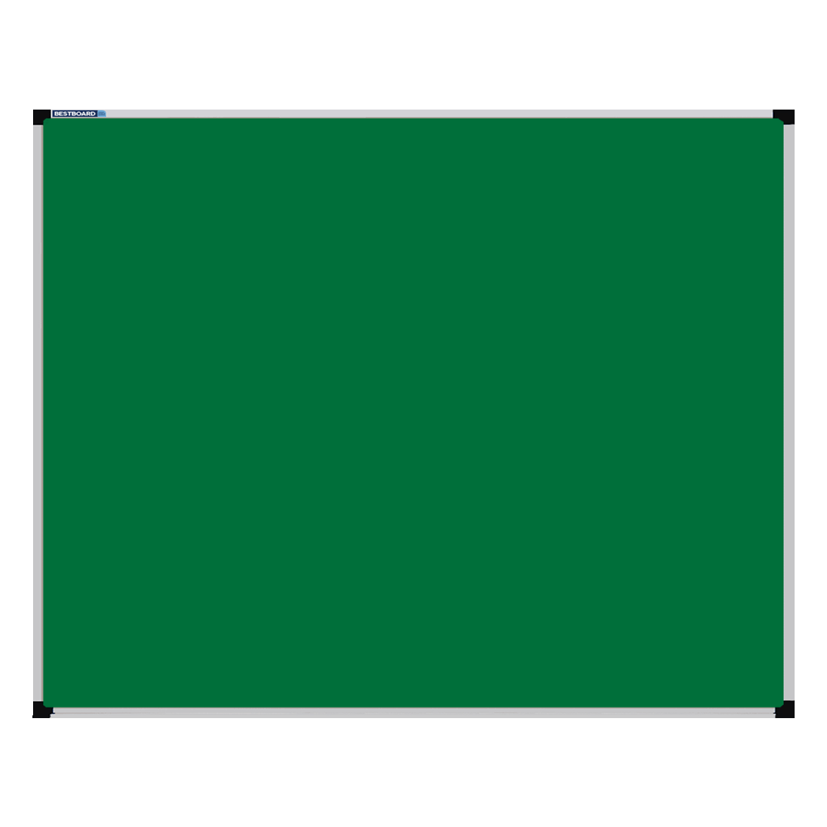 This image shows a Emerald Green rectangular Felt board with a silver frame. The corners of the frame are reinforced with black plastic.