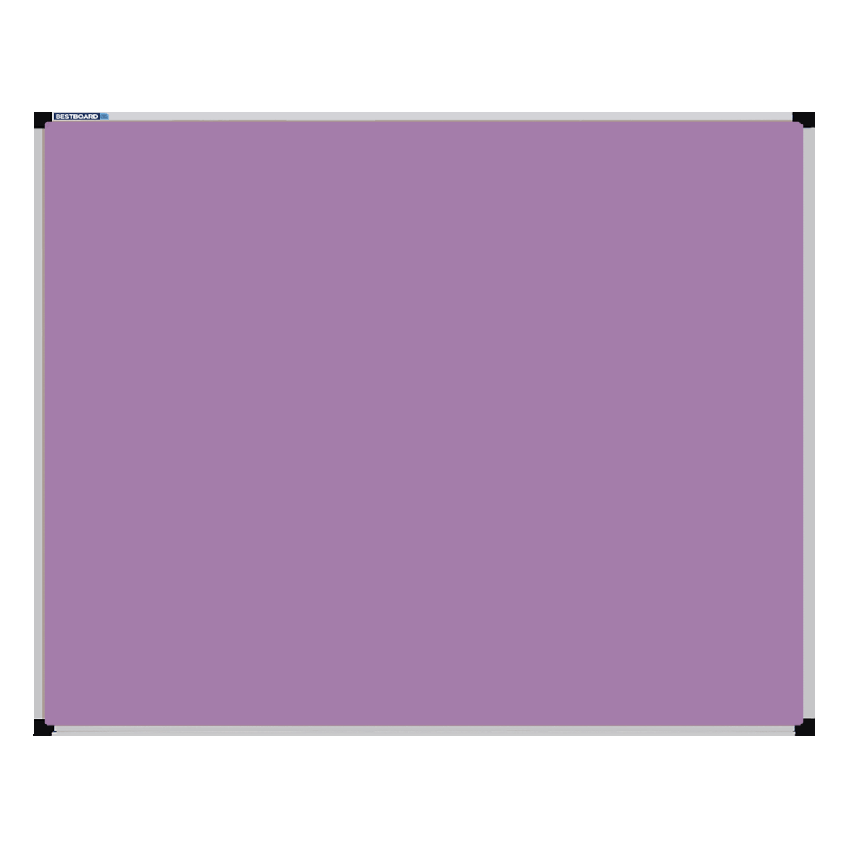 This image shows a lilac rectangular Felt board with a silver frame. The corners of the frame are reinforced with black plastic.