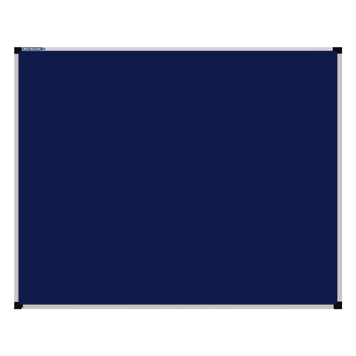 This image shows a Navy Blue rectangular Felt board with a silver frame. The corners of the frame are reinforced with black plastic.