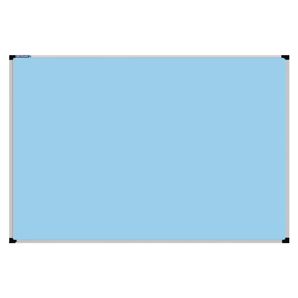 This image shows a Baby Blue rectangular Felt board with a silver frame. The corners of the frame are reinforced with black plastic.