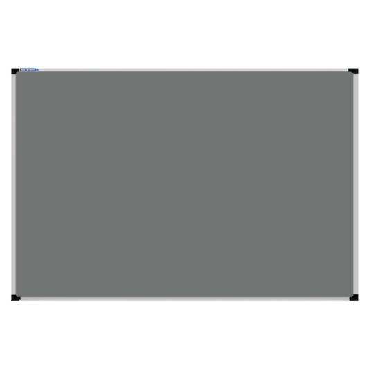 This image shows a Grey rectangular Felt board with a silver frame. The corners of the frame are reinforced with black plastic.