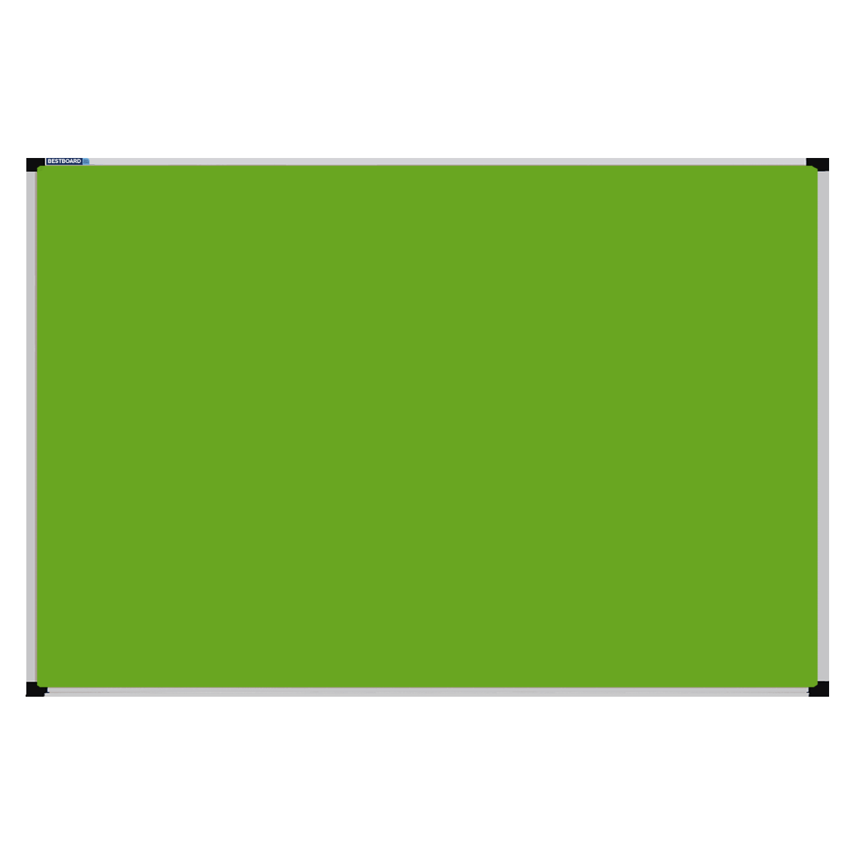 This image shows a Lime Green rectangular Felt board with a silver frame. The corners of the frame are reinforced with black plastic.