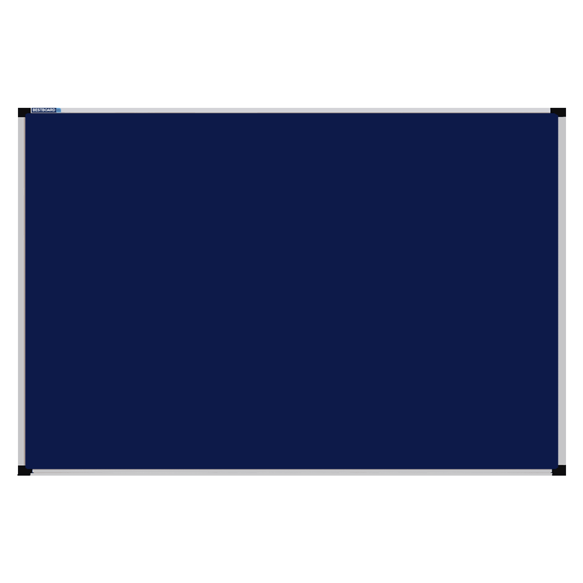 This image shows a Navy Blue rectangular Felt board with a silver frame. The corners of the frame are reinforced with black plastic.