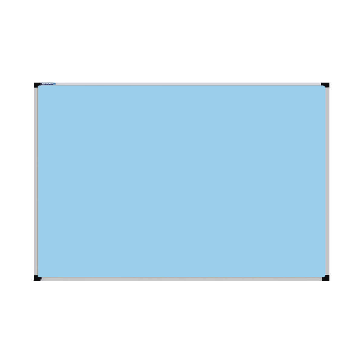 This image shows a Baby Blue rectangular Felt board with a silver frame. The corners of the frame are reinforced with black plastic.