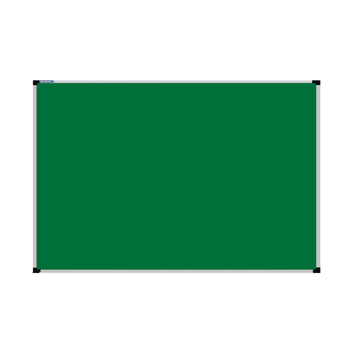 This image shows a Emerald Green rectangular Felt board with a silver frame. The corners of the frame are reinforced with black plastic.