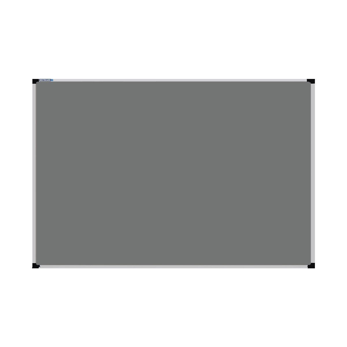 This image shows a Grey rectangular Felt board with a silver frame. The corners of the frame are reinforced with black plastic.