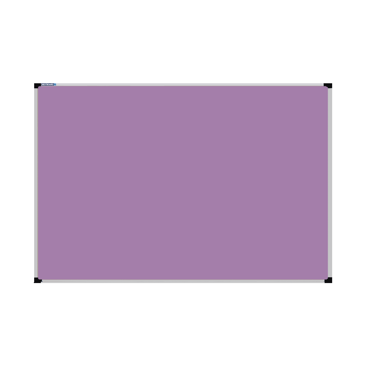 This image shows a lilac rectangular Felt board with a silver frame. The corners of the frame are reinforced with black plastic.