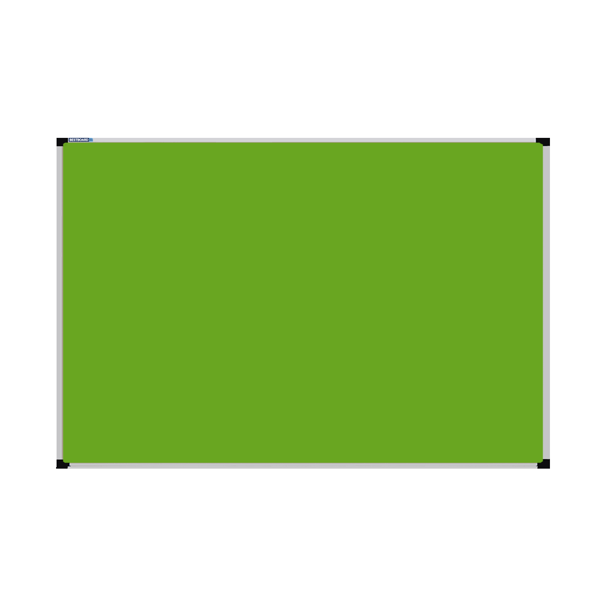 This image shows a Lime Green rectangular Felt board with a silver frame. The corners of the frame are reinforced with black plastic.