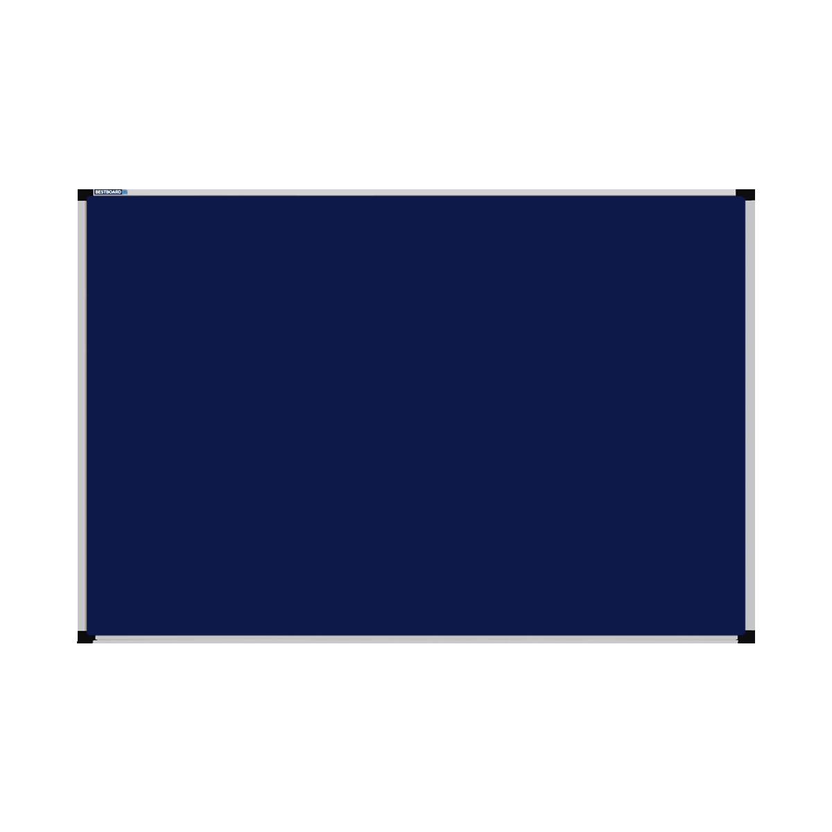 This image shows a Navy Blue rectangular Felt board with a silver frame. The corners of the frame are reinforced with black plastic.