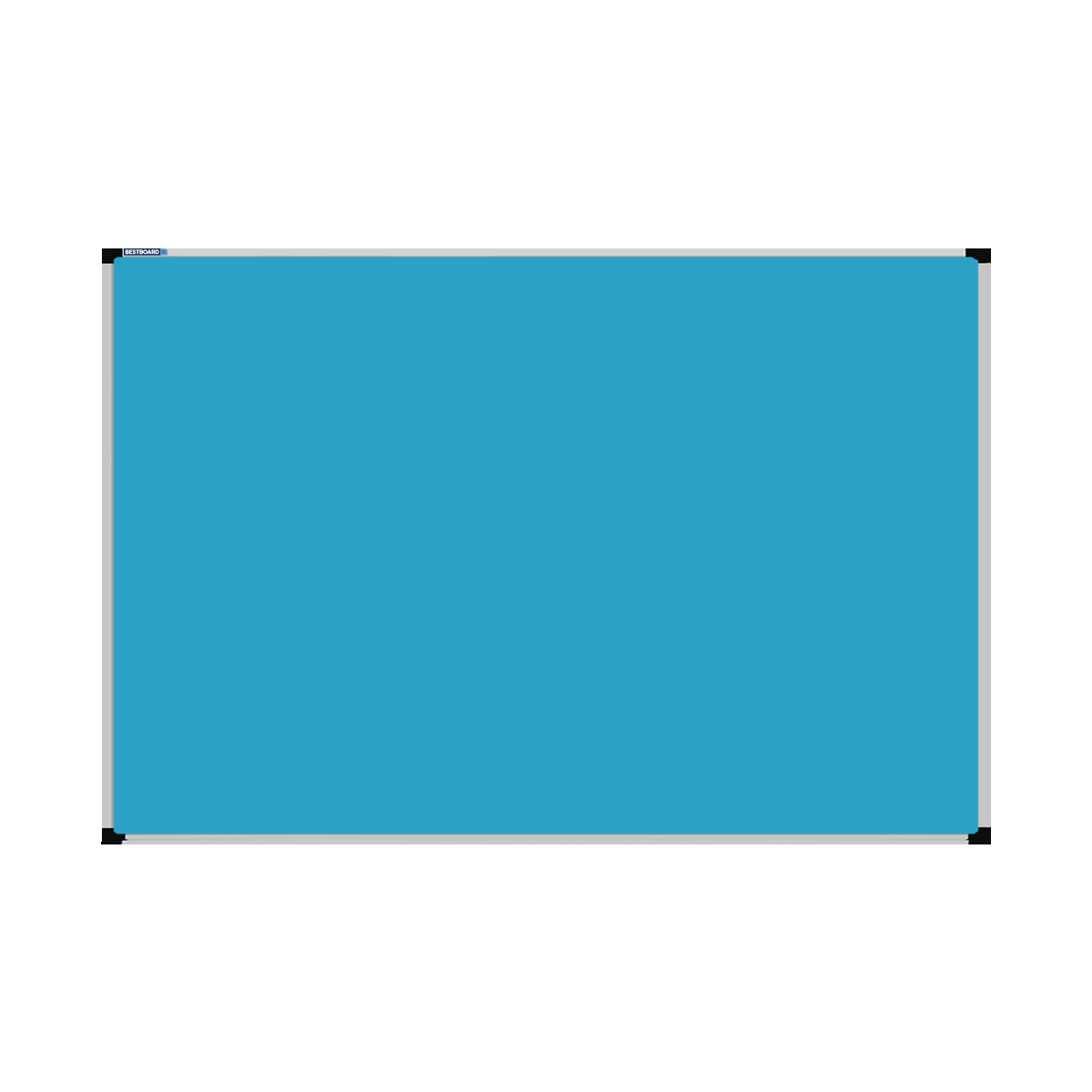 This image shows a Turquoise Blue rectangular Felt board with a silver frame. The corners of the frame are reinforced with black plastic.