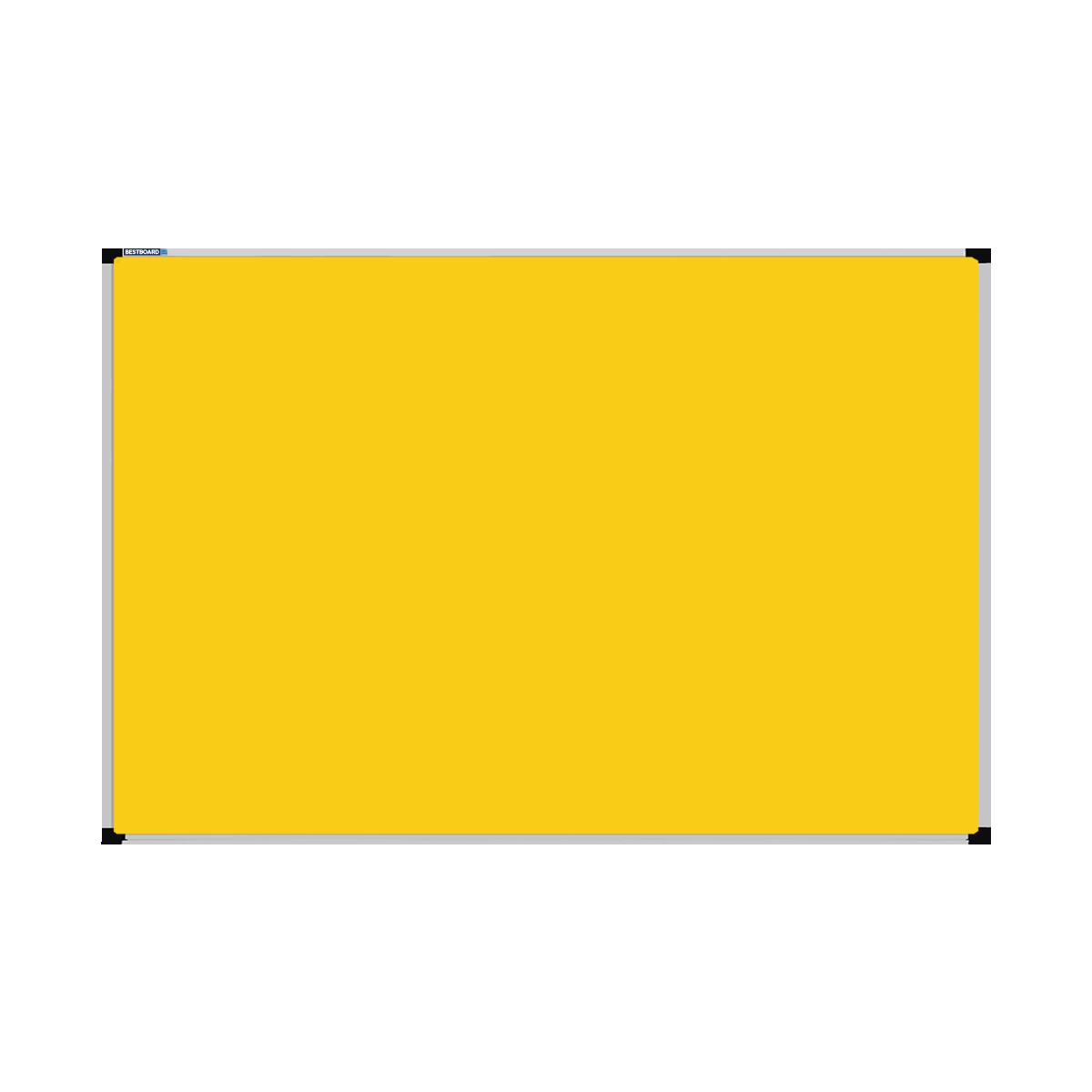 This image shows a yellow rectangular Felt board with a silver frame. The corners of the frame are reinforced with black plastic.