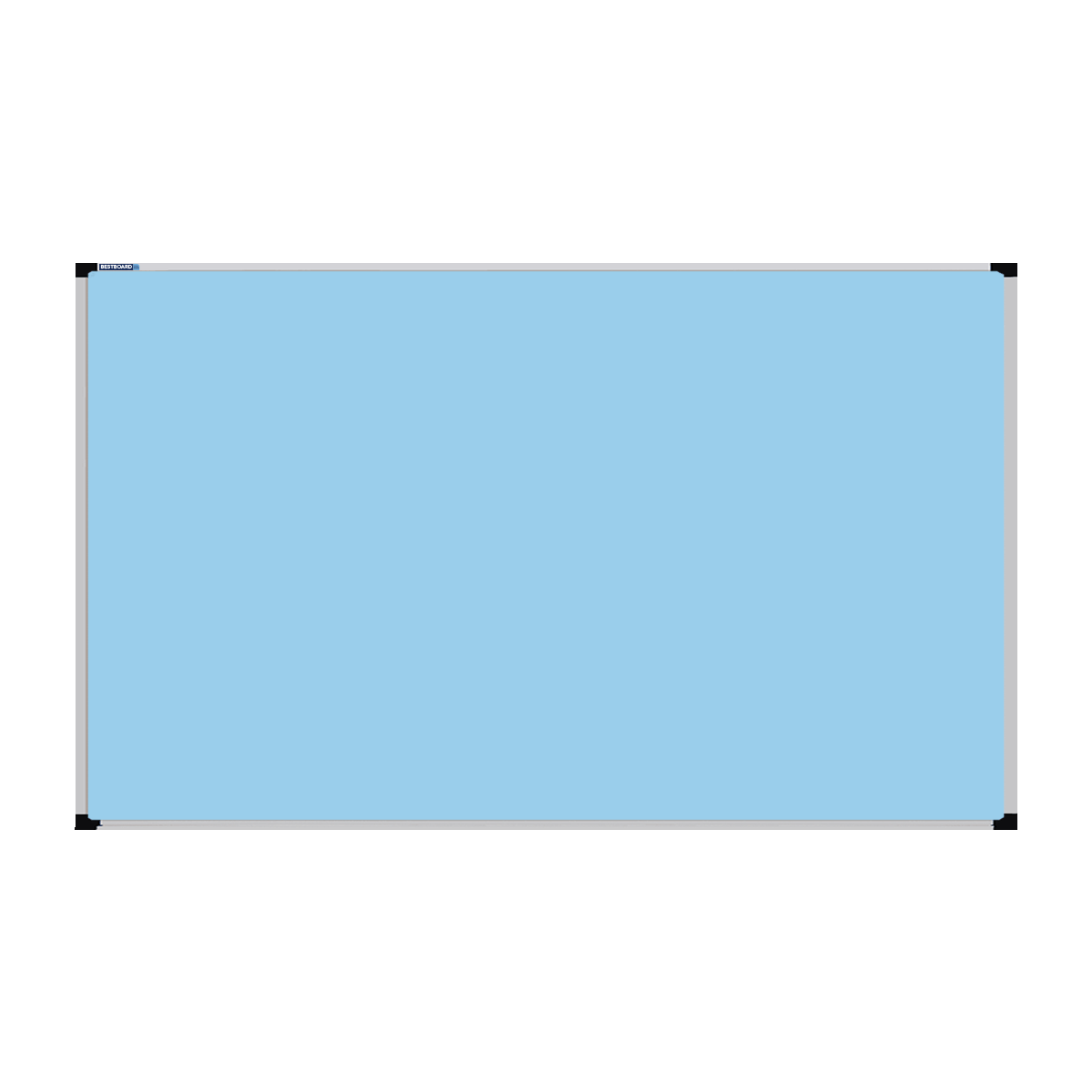 This image shows a Baby Blue rectangular Felt board with a silver frame. The corners of the frame are reinforced with black plastic.