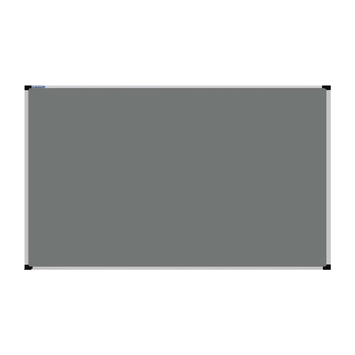This image shows a Grey rectangular Felt board with a silver frame. The corners of the frame are reinforced with black plastic.