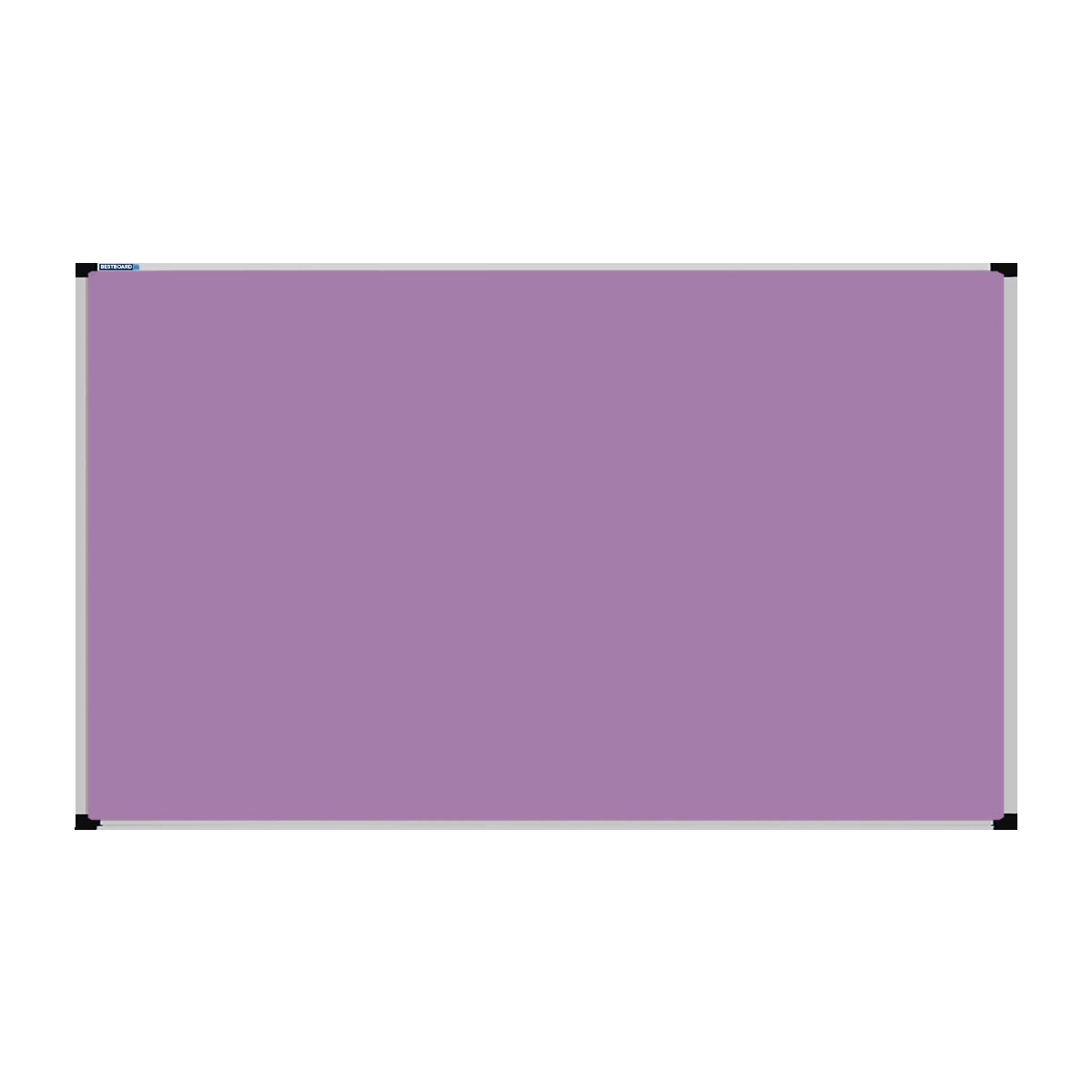 This image shows a lilac rectangular Felt board with a silver frame. The corners of the frame are reinforced with black plastic.