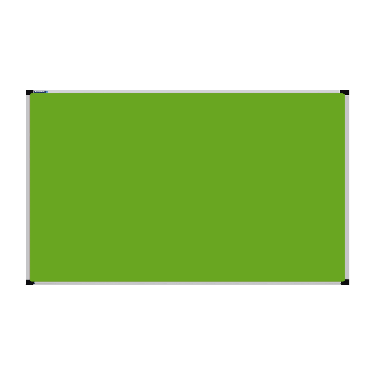 This image shows a Lime Green rectangular Felt board with a silver frame. The corners of the frame are reinforced with black plastic.