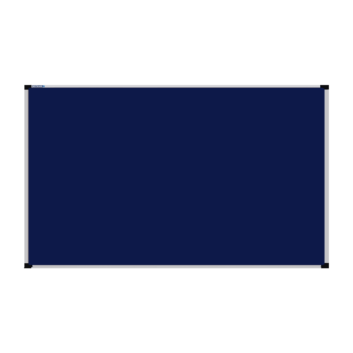 This image shows a Navy Blue rectangular Felt board with a silver frame. The corners of the frame are reinforced with black plastic.
