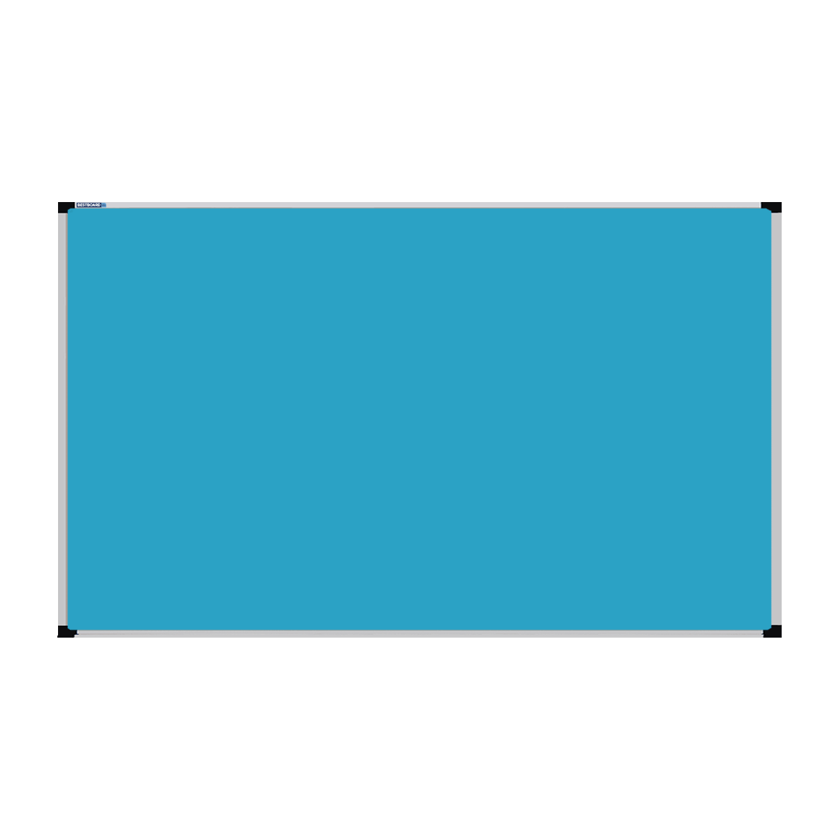 This image shows a Turquiose Blue rectangular Felt board with a silver frame. The corners of the frame are reinforced with black plastic.