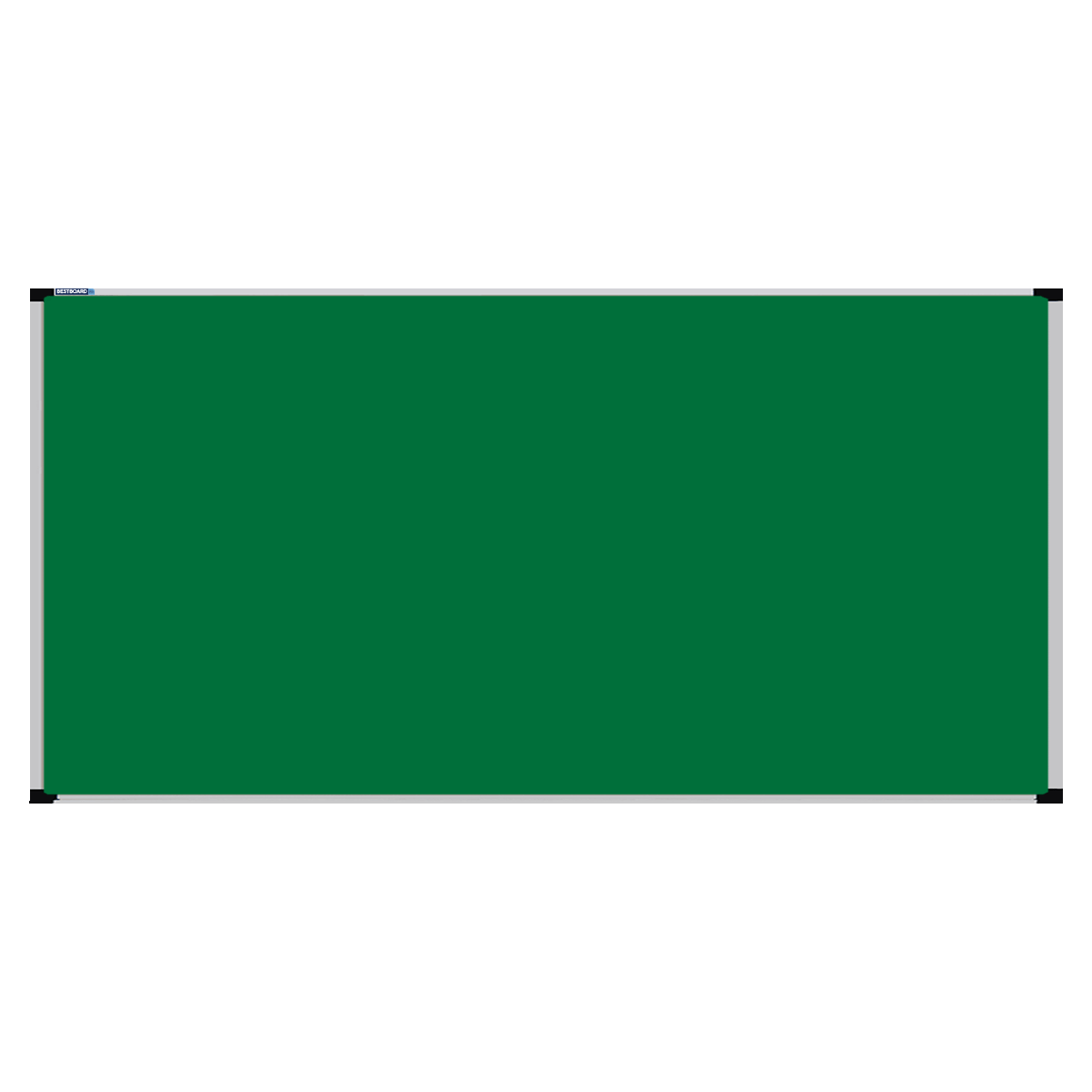 This image shows a Emerald Green rectangular Felt board with a silver frame. The corners of the frame are reinforced with black plastic.