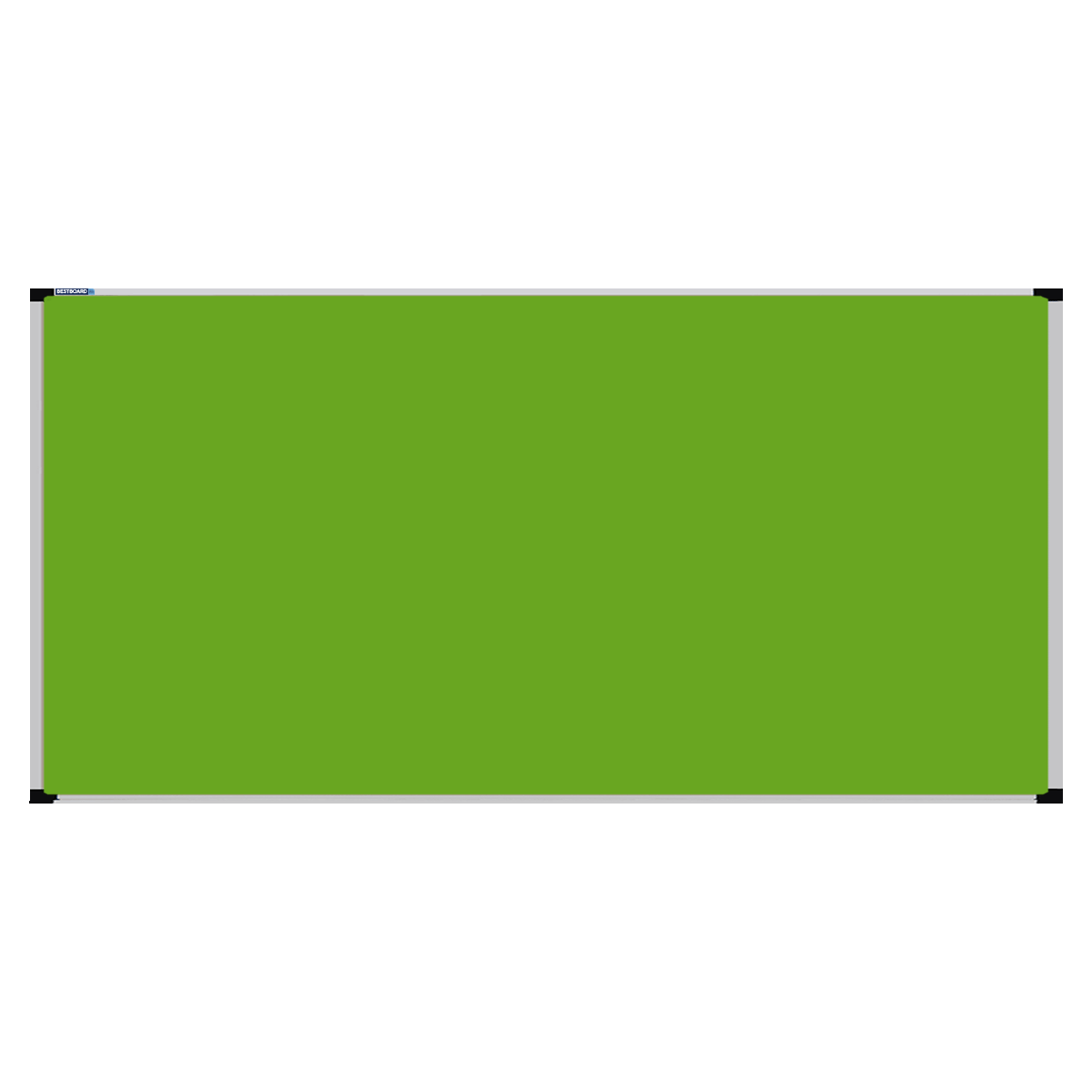 This image shows a Lime Green rectangular Felt board with a silver frame. The corners of the frame are reinforced with black plastic.