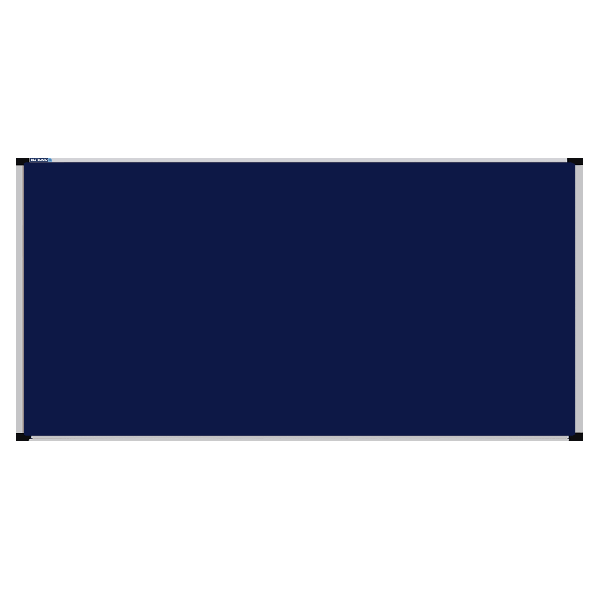 This image shows a Navy Blue rectangular Felt board with a silver frame. The corners of the frame are reinforced with black plastic.