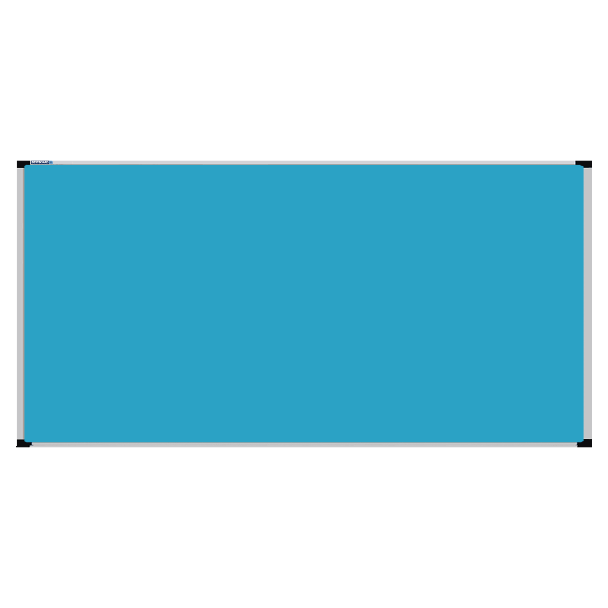 This image shows a Turquoise Blue rectangular Felt board with a silver frame. The corners of the frame are reinforced with black plastic.