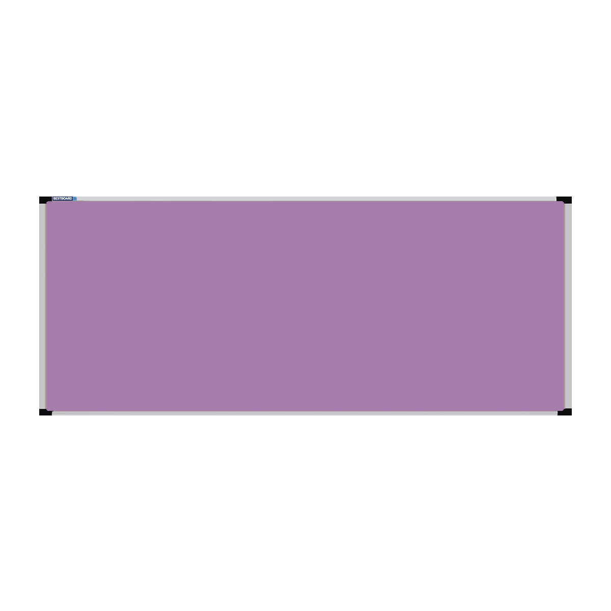This image shows a lilac rectangular Felt board with a silver frame. The corners of the frame are reinforced with black plastic.