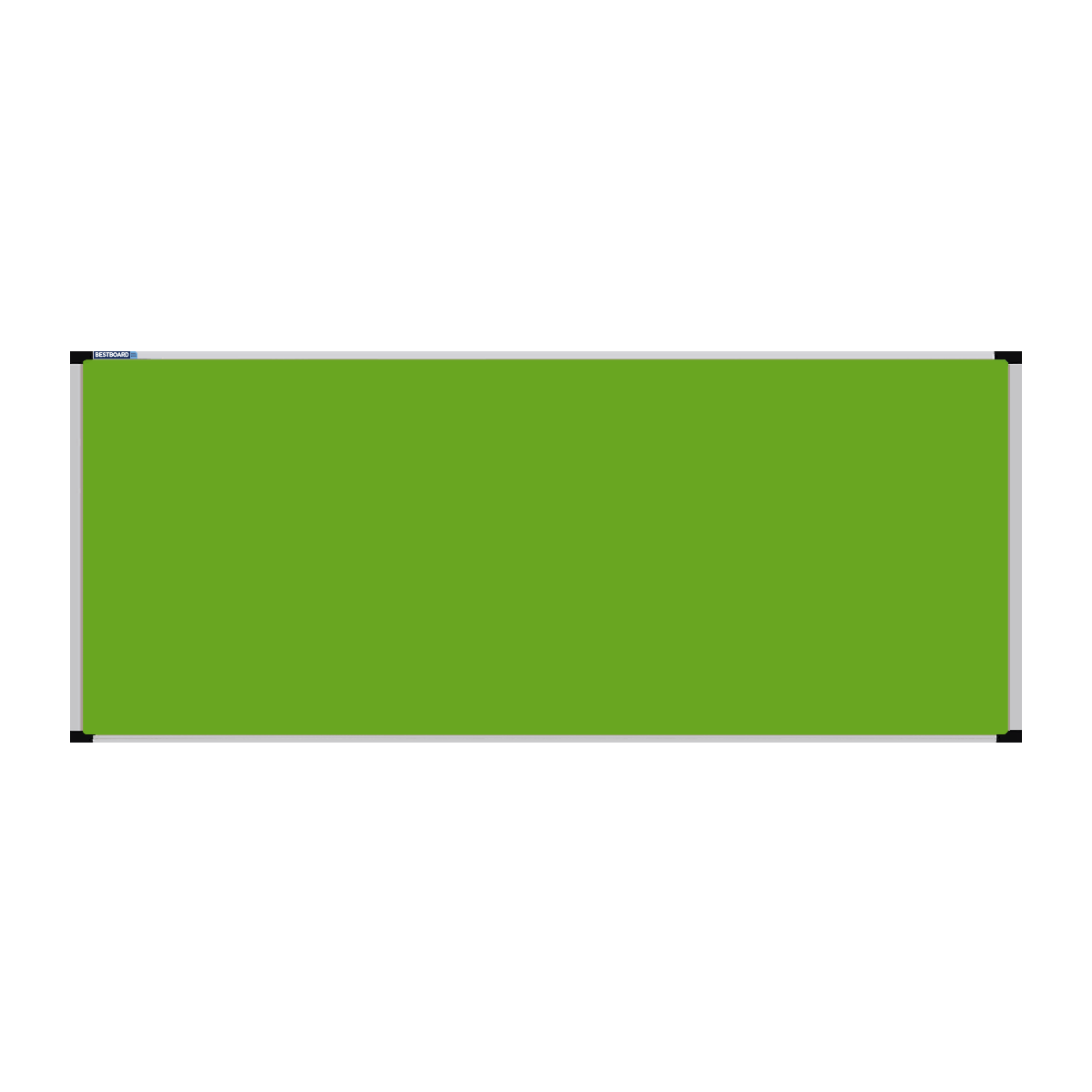 This image shows a Lime Green rectangular Felt board with a silver frame. The corners of the frame are reinforced with black plastic.