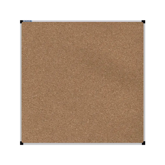 This image shows a square cork board with a silver frame. The corners of the frame are reinforced with black plastic.