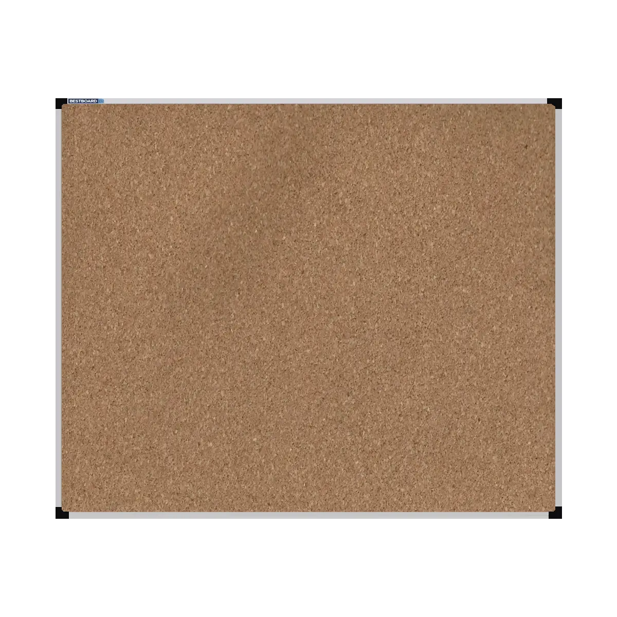 This image shows a rectangular cork board with a silver frame. The corners of the frame are reinforced with black plastic.