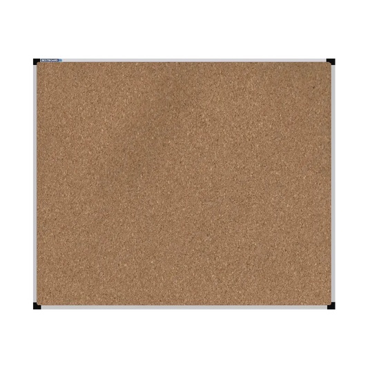 This image shows a rectangular cork board with a silver frame. The corners of the frame are reinforced with black plastic.