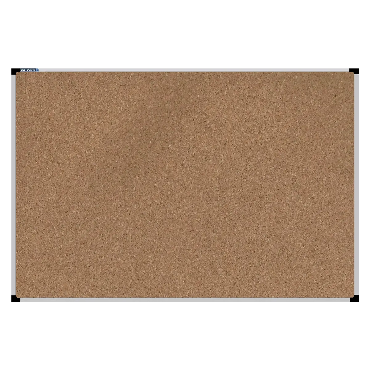 This image shows a rectangular cork board with a silver frame. The corners of the frame are reinforced with black plastic.
