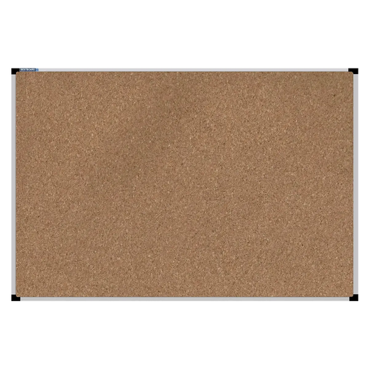 This image shows a rectangular cork board with a silver frame. The corners of the frame are reinforced with black plastic.