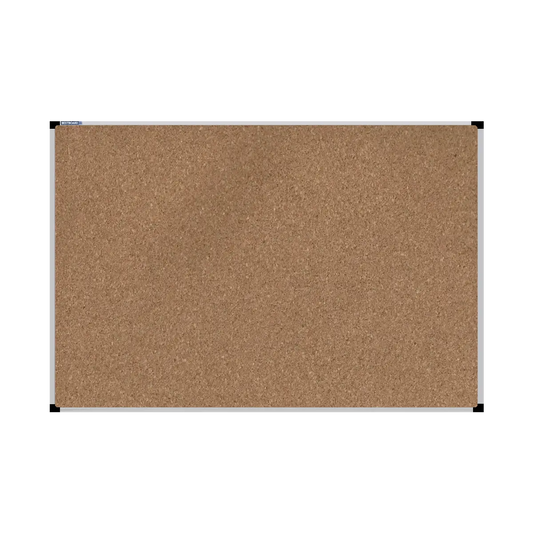 This image shows a rectangular cork board with a silver frame. The corners of the frame are reinforced with black plastic.