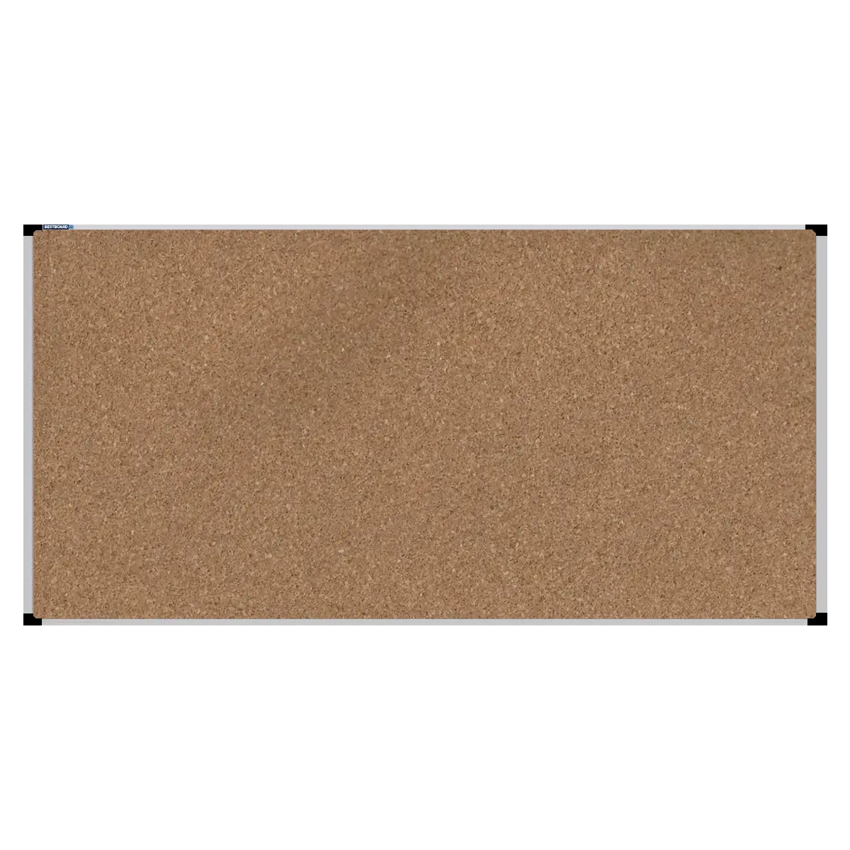 This image shows a rectangular cork board with a silver frame. The corners of the frame are reinforced with black plastic.
