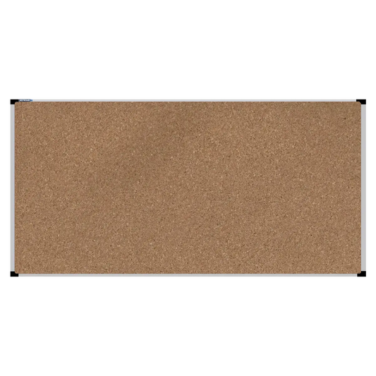 This image shows a rectangular cork board with a silver frame. The corners of the frame are reinforced with black plastic.