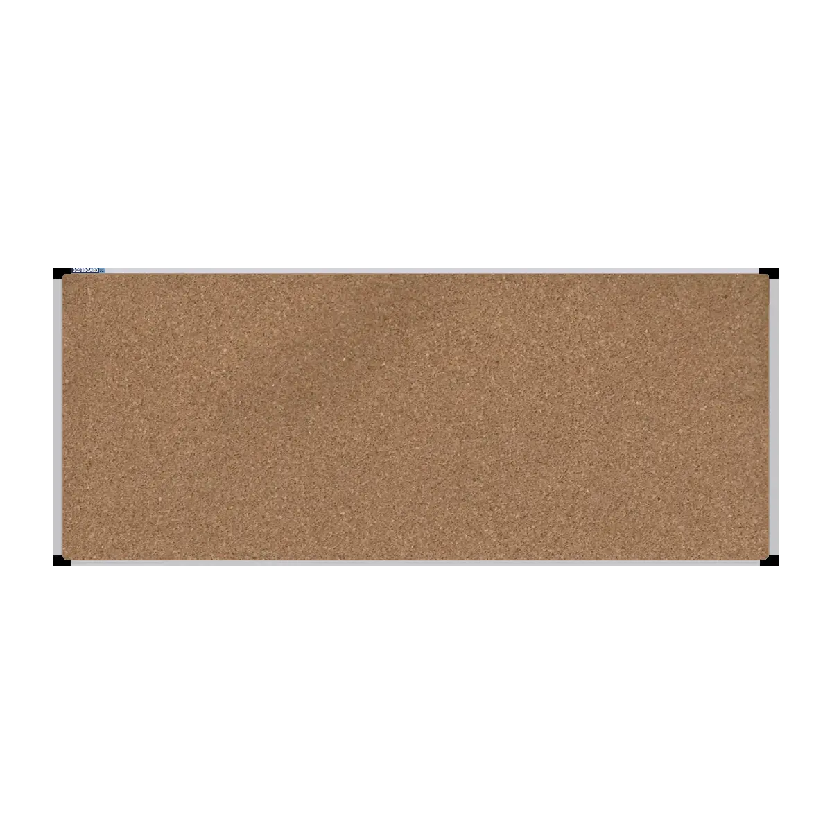 This image shows a rectangular cork board with a silver frame. The corners of the frame are reinforced with black plastic.