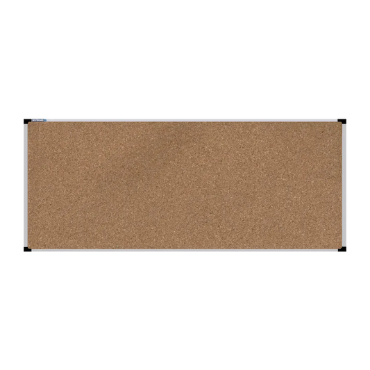 This image shows a rectangular cork board with a silver frame. The corners of the frame are reinforced with black plastic.